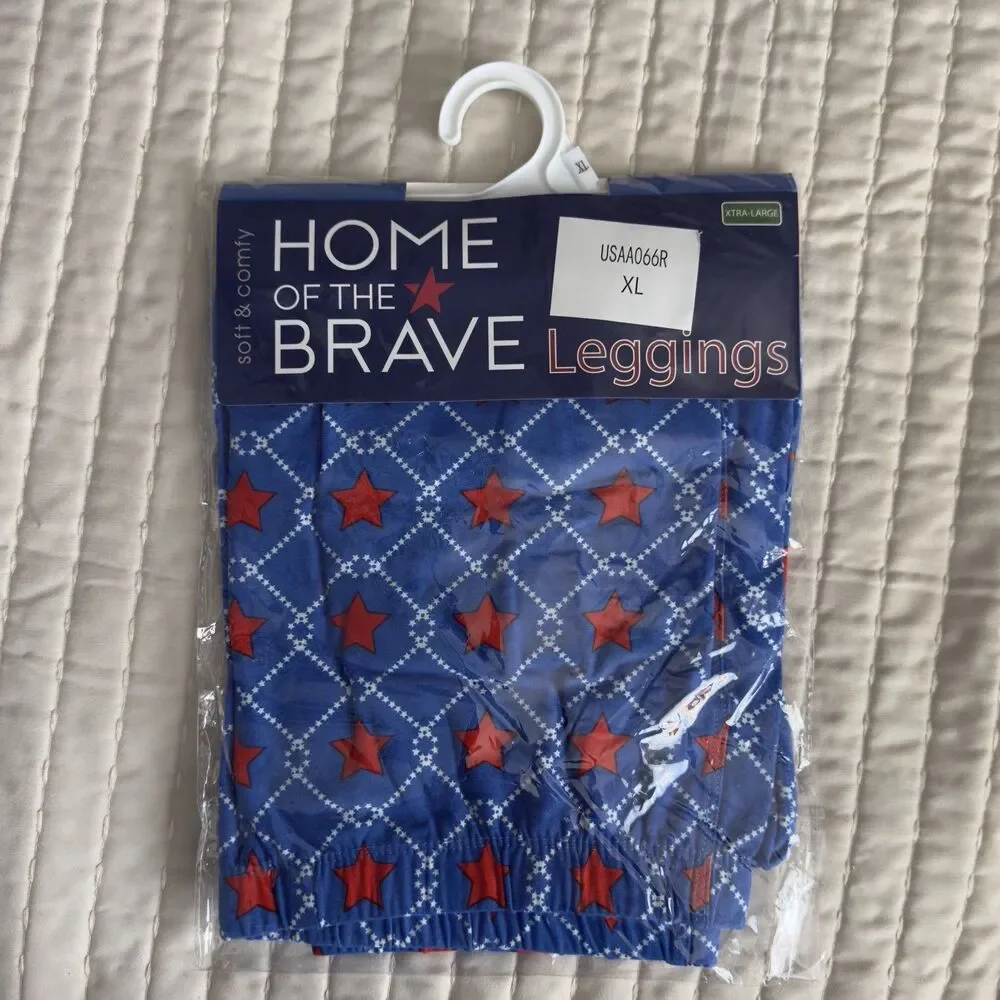 Women’s Home of The Brave Patriotic Red White & Blue Stars Leggings XL USA